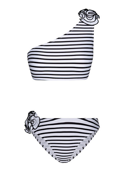 Bonesta Siyah Beyaz Çizgili Gül Detaylı Tek Omuz Bikini Takımı