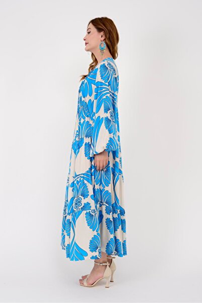 Park Moda AN10605 ÇİÇEK DESEN V YAKA VOLAN ELBİSE