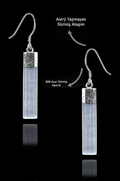 Tesbih Atölyesi Selenite Raw Embroidered Earrings - Silver Apparatus and Certified