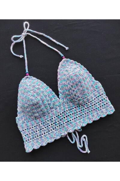 Küçük Burjuva TURKUAZ MAVİ-YEŞİL-MOR-BEYAZ Renk Geçişli Koton Ip El Örgü Büst...