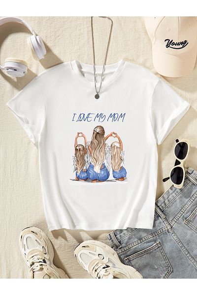 Let's Wear Premium κοριτσίστικο μπλουζάκι - Εκτύπωση «I love My Mom», Crew Neck