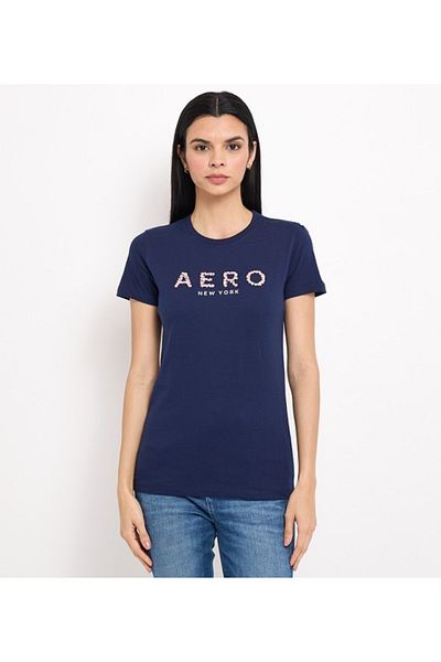 Aeropostale تي شيرت نسائي بأكمام قصيرة وياقة دائرية وطبعة نصية باللون الأزرق