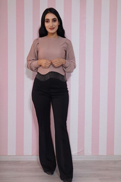 EGELİMODA Long Sleeve Mink Crop Blouse - Chain Detail