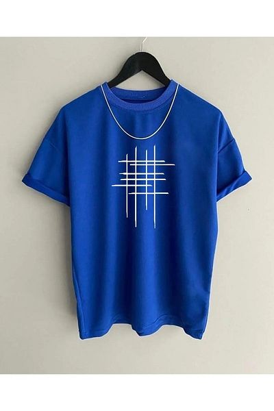 ONATLI Μπλουζάκι Unisex Hashtag μπλε Oversize Crew Neck με στάμπα