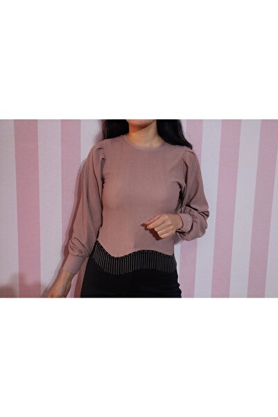 EGELİMODA Long Sleeve Mink Crop Blouse - Chain Detail