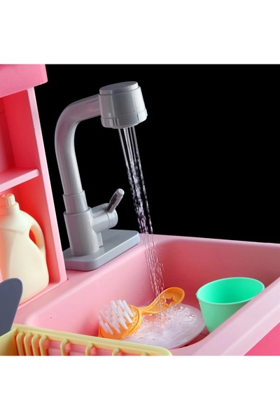 BYCEGU Bol Aksesuarlı Washing Basin Pilli Lavabo Evcilik Mutfak Oyuncak Seti Pembe 09169