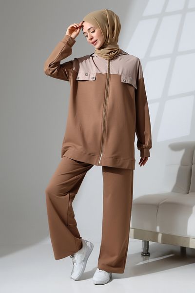 Mihran Butik Γυναικείο καφέ εποχιακό χτενισμένο βαμβακερό τοπ αθλητικό και άνετο κοστούμι χιτζάμπ