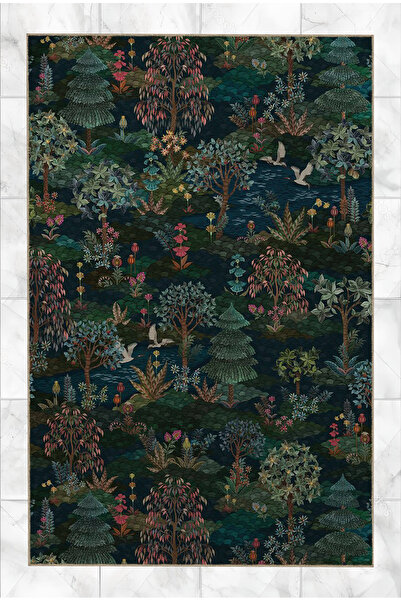 Rugs Modern Halı Yeşil Mavi Temalı Orman Çiçekler Desenli Kreatif Modern Deko...