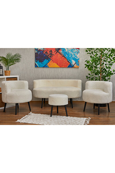 WEBPANYA Beyaz Teddy Kumaş Çay Seti Koltuk Takımı-ofis Balkon Kafe Bahçe Salo...