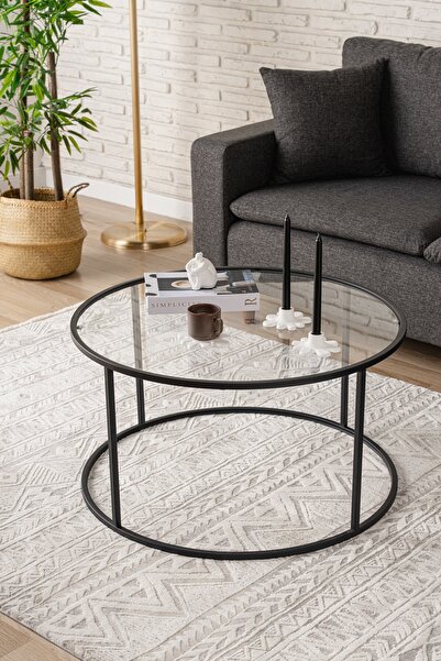 DEKOPRATİK - Berlin Orta Sehpa - 80 Cm Yuvarlak Şeffaf Camlı Sehpa