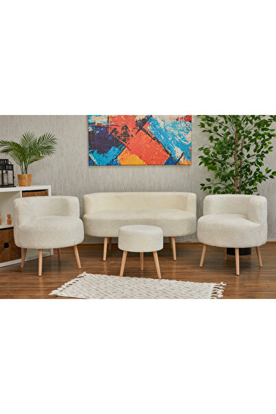 WEBPANYA Beyaz Teddy Kumaş Çay Seti Koltuk Takımı-Ofis Balkon Kafe Bahçe Salo...