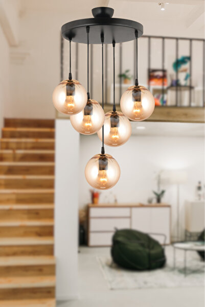 KARDELEN AYDINLATMA AVİZE Kardelen Sarkıt Tepsi Siyah 5'li Bal Glop  Camlı  A...