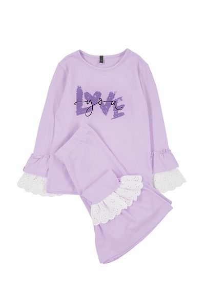 TRENDYOLKIDS Lilac Girl's Tights Set - Printed, Lace Detailed, Long Sleeve T-shirt & Bottoming TKDAW25AU00002