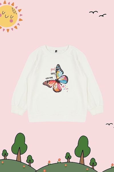 TRENDYOLKIDS Girl's Ecru Seasonal Sweatshirt - Thin Butterfly Patterned Tkdaw25sw00001