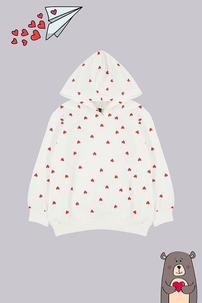 TRENDYOLKIDS Girl's Ecru Seasonal Hooded Knitted Sweatshirt - Thin Heart Patterned Tkdaw25sw00002