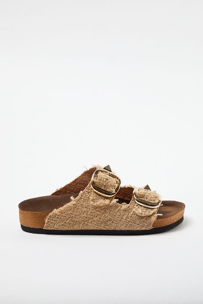 TRENDYOL SHOES Double Buckle Riveted Brown Women's Slippers - TAKSS24TE00009
