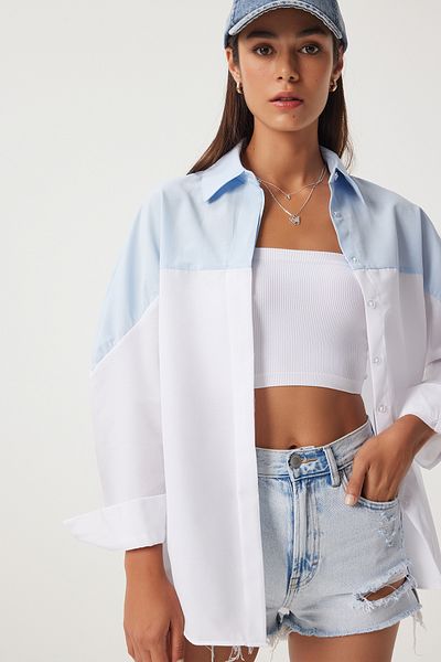 Happiness İstanbul Dámská košile Sky Blue White Color Block Boyfriend Shirt DD01306