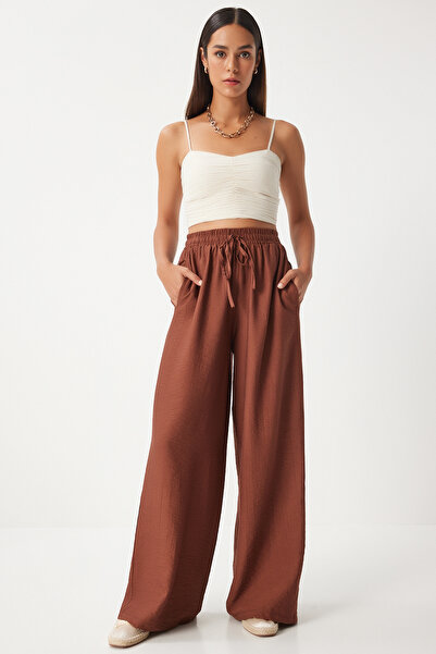Happiness İstanbul Brown Comfortable Wide Leg Women's Trousers - Ayrobin DP00206
