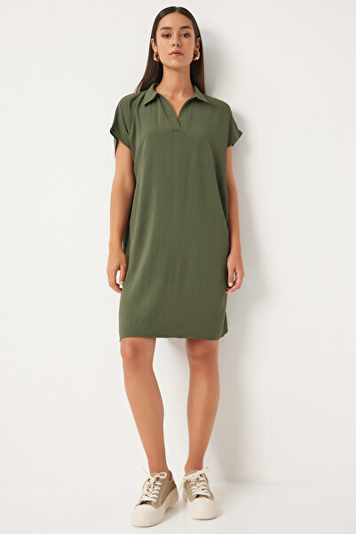 Happiness İstanbul Καλοκαιρινό φόρεμα Ayrobin γιακάς Khaki Polo - TO00138