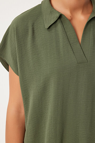 Happiness İstanbul Καλοκαιρινό φόρεμα Ayrobin γιακάς Khaki Polo - TO00138