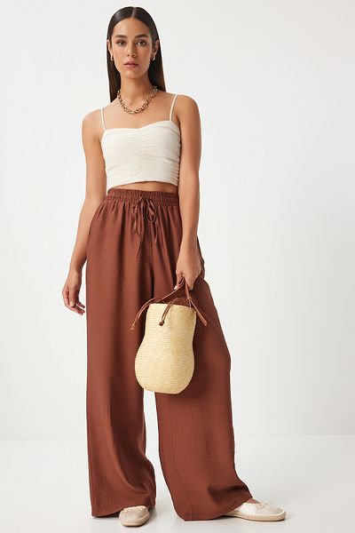 Happiness İstanbul Brown Comfortable Wide Leg Women's Trousers - Ayrobin DP00206