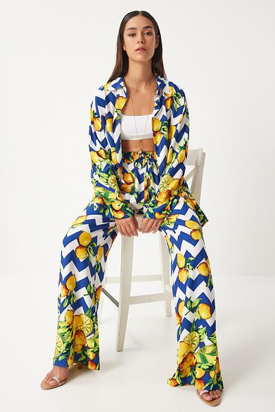 Happiness İstanbul Navy Blue Yellow Patterned Viscose Women's Set - Shirt and Trousers FN03222