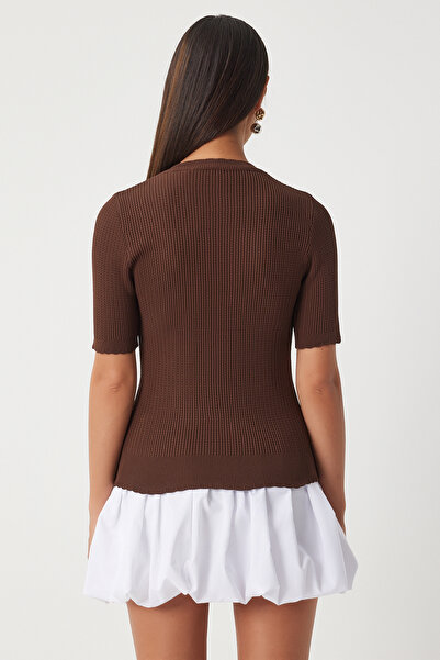 Happiness İstanbul Braune Strickjacke mit durchbrochenem Muster - OW00044