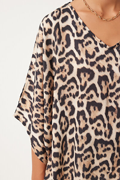 Happiness İstanbul Černá béžová dámská saténová halenka s leopardím potiskem - FN03223