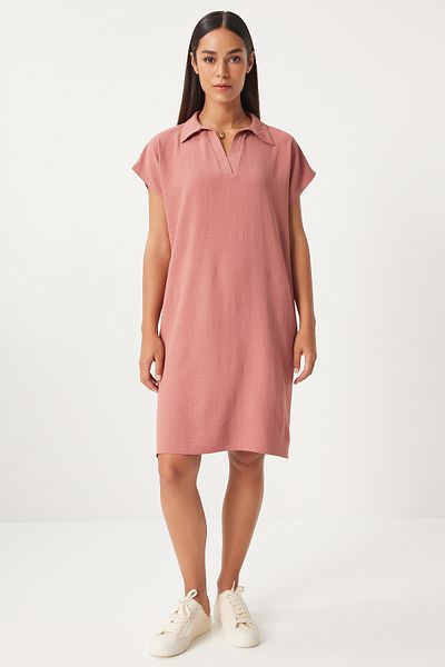 Happiness İstanbul Polo Collar Dusty Rose Λινό Φόρεμα - Summer Loose Μοντέλο TO00138