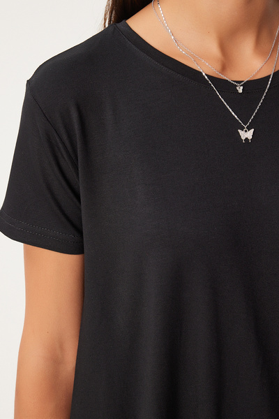 Happiness İstanbul Black Asymmetrical Viscose Women's T-shirt - En00599