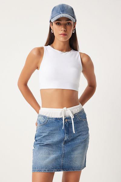 Happiness İstanbul Blauer Jeansrock für Damen mit Boxer-Detail - FN03225