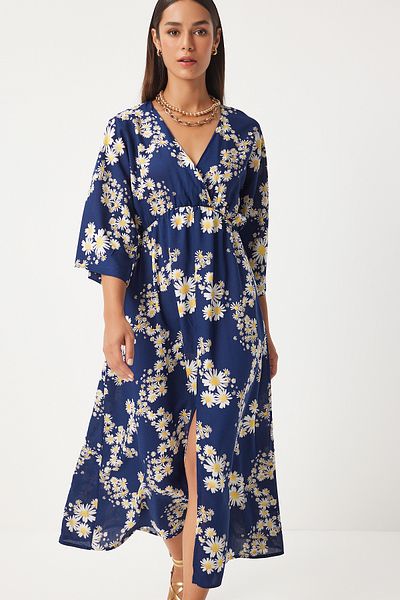 Happiness İstanbul Navy Blue Patterned Viscose Summer Dress - Wraped Collar DK00166
