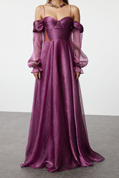 Trendyol Collection Φούξια σε γραμμή Α με μπαλόνι μανίκι με λεπτομέρεια από τούλι Maxi κομψό βραδινό φόρεμα επιστροφής στο σπίτι TPRSS24AE00246