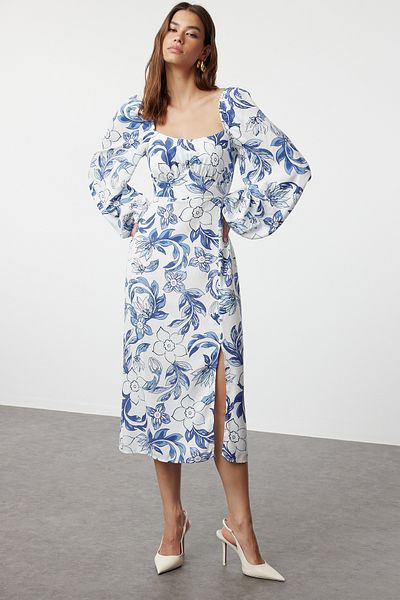 Trendyol Collection Rochie midi albastră cu imprimeu floral - țesătură abstractă, TWOAW24EL00865