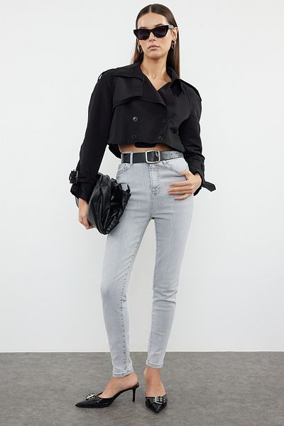 Trendyol Collection Blugi skinny gri lycra cu talie înaltă - TWOAW25JE00001
