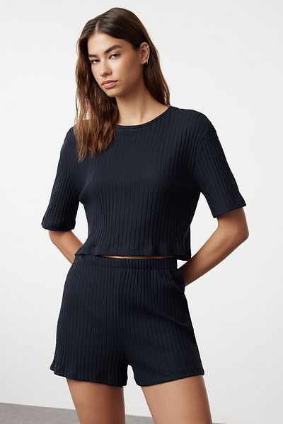 Trendyol Collection Námořnická modrá žebrovaná pletená pyžamová souprava THMSS21PT1101