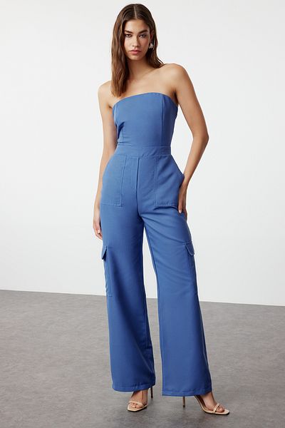 Trendyol Collection Strapless Collar Indigo Maxi Jumpsuit - Cargo Pocket, Woven TWOSS23TU00192