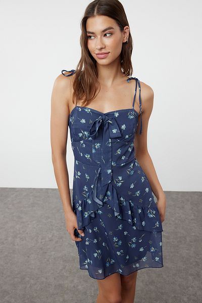 Trendyol Collection Sötétkék virágmintás A-vonalú sifon miniruha - TWOSS24EL00791