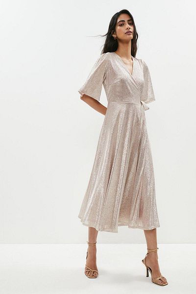 Coast BCC01142 Model Metallic Angel Sleeve Wrap Midi Dress