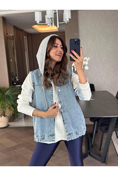 Forlady4 سترة جينز نسائية - أزرق، رمادي، غطاء رأس وتفاصيل عرق