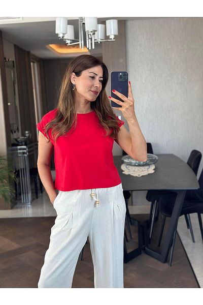 Forlady4 Red Women's Crop T-Shirt - Crew Neck, Basic Top