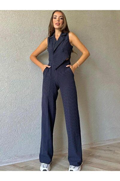 YouLikeButik Sleeveless Striped Double Breasted Atlas Jumpsuit