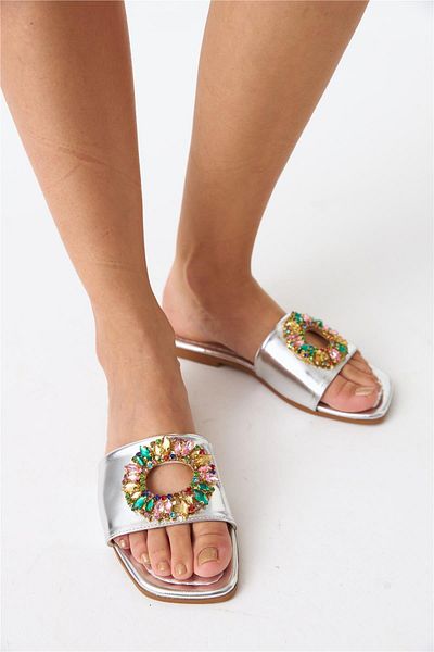 Cömert Ayakkabı Fairy Tale Women's Flat Slippers Silver Metallic