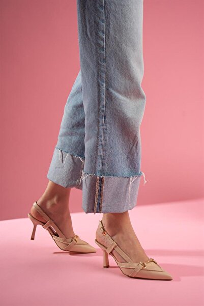 Pazzyonez حذاء نسائي بكعب عالي وإبزيم جلدي بيج من أماندا