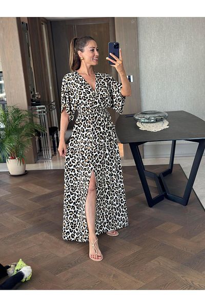Forlady4 Leopard Print Brown Double Breasted Collar Elastic Waist Slit Women's Dress