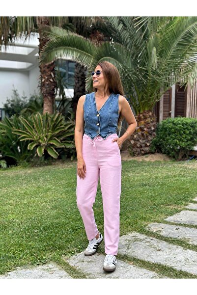 Forlady4 Blue Women's Denim Vest with Three Gold Buttons