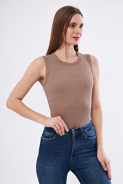 OLESYA DEKOR TASARIM KOZMETİK Women's Vision Ribbed Crew Neck Wide Shoulder Zero Sleeve Undershirt