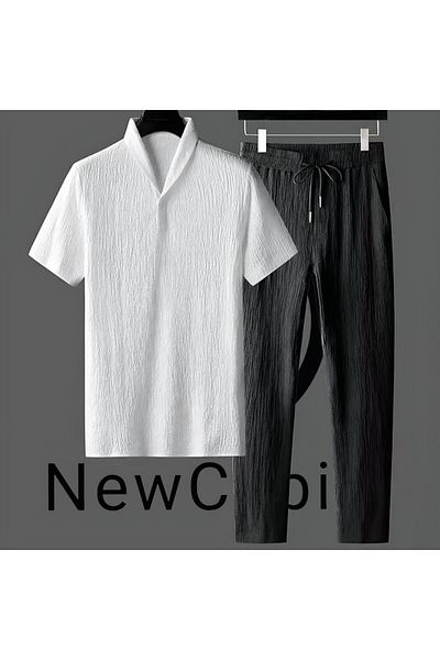 NewCabin Summer Unisex T-Shirt and Sweatpants Set - New Season, Wrapped Crinkle Fabric, Lycra, Short Sleeve