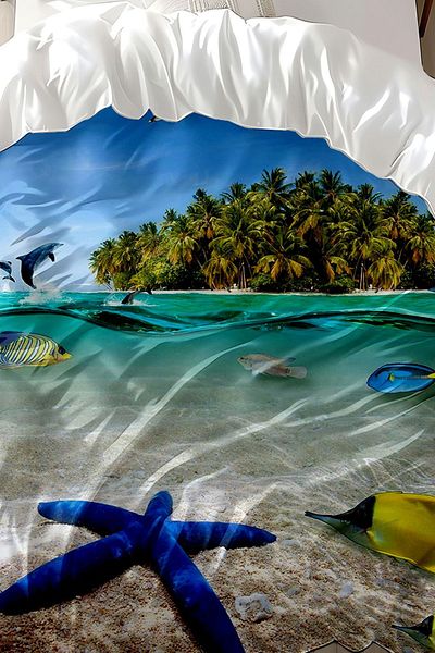 3D ELSE HALI Tropical Island - Sea Pattern Printed Cotton Satin Double Duvet Cover Set