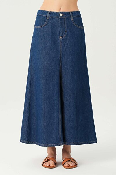 CROSS JEANS Koyu Mavi Yüksek Bel Patı Fermuarlı Maxi Jean Etek C 4532-057